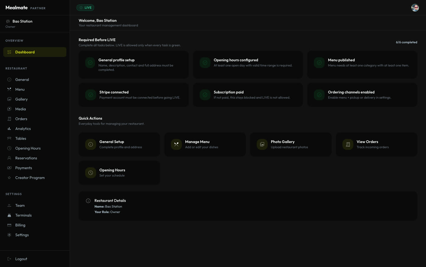 MealMate partner dashboard showing the go-live checklist